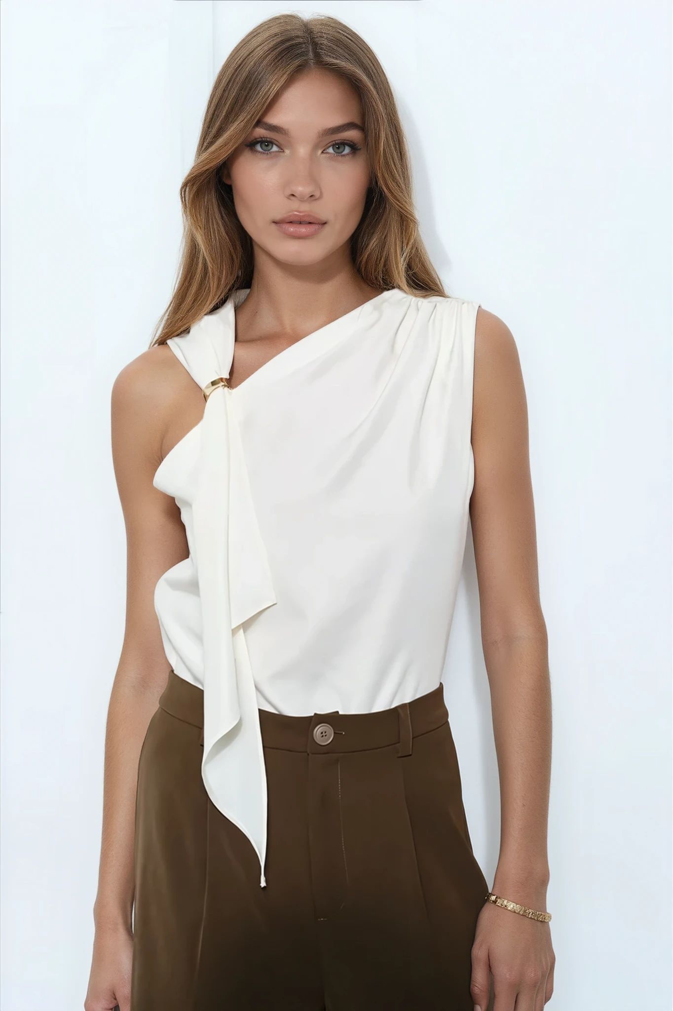 Asymmetric Draped Sleeveless Top with Metal Ring Detail