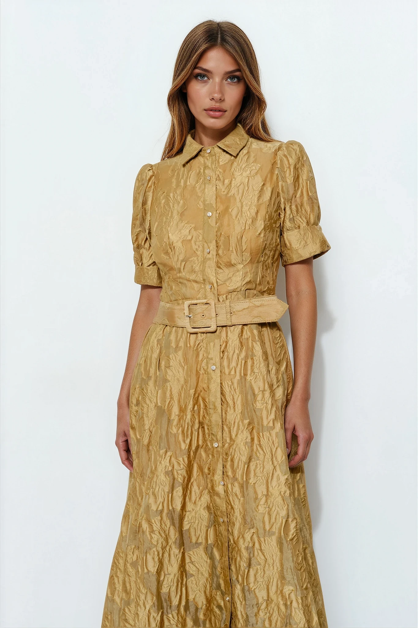 Textured Belted Shirt Dress M