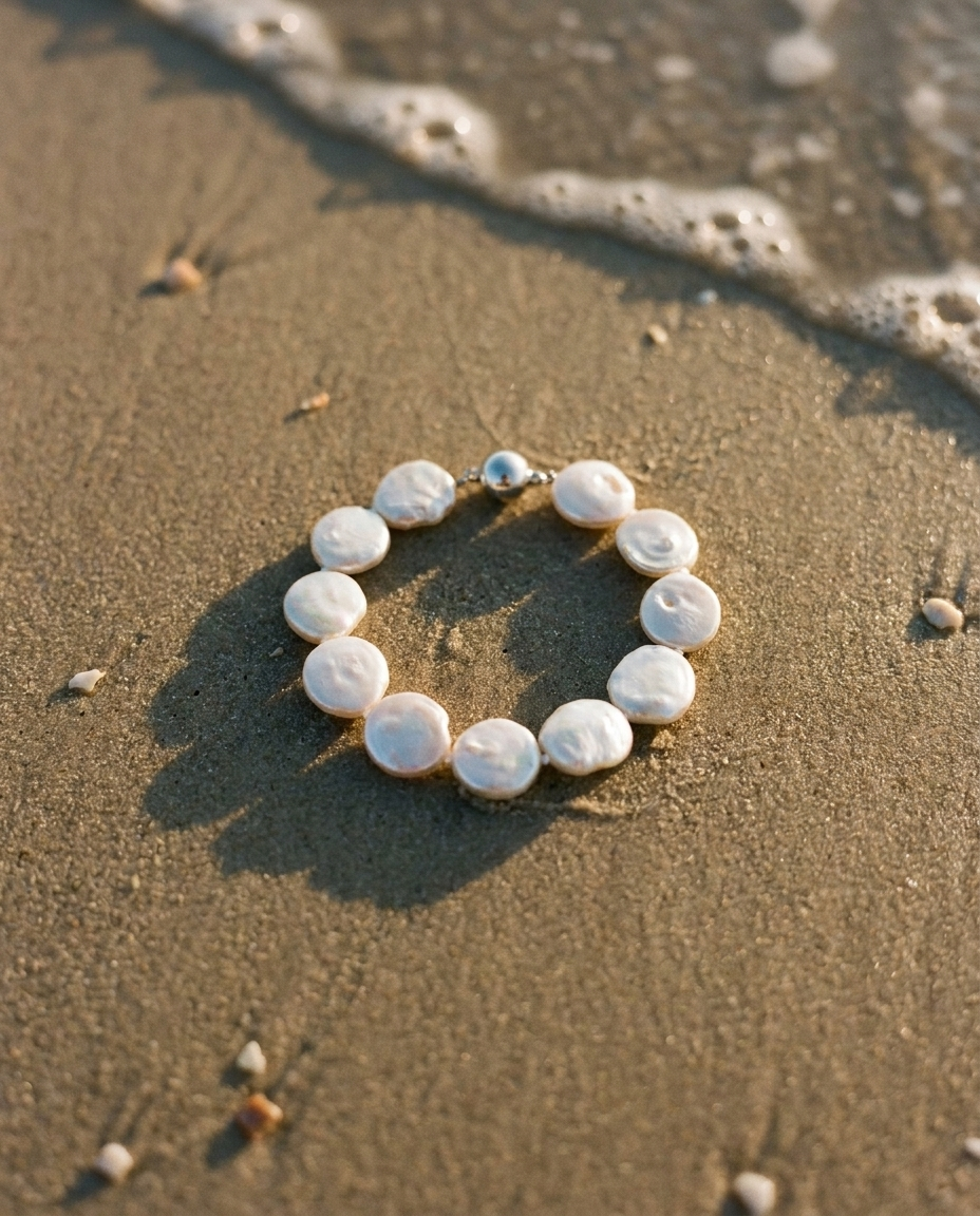 Pleine Lune Coin Pearl Bracelet editorial still life on wet sand