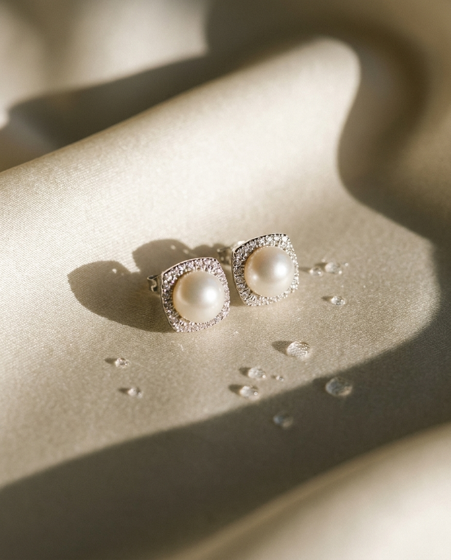 Stella Pearl & Diamond Studs editorial still life on ivory silk