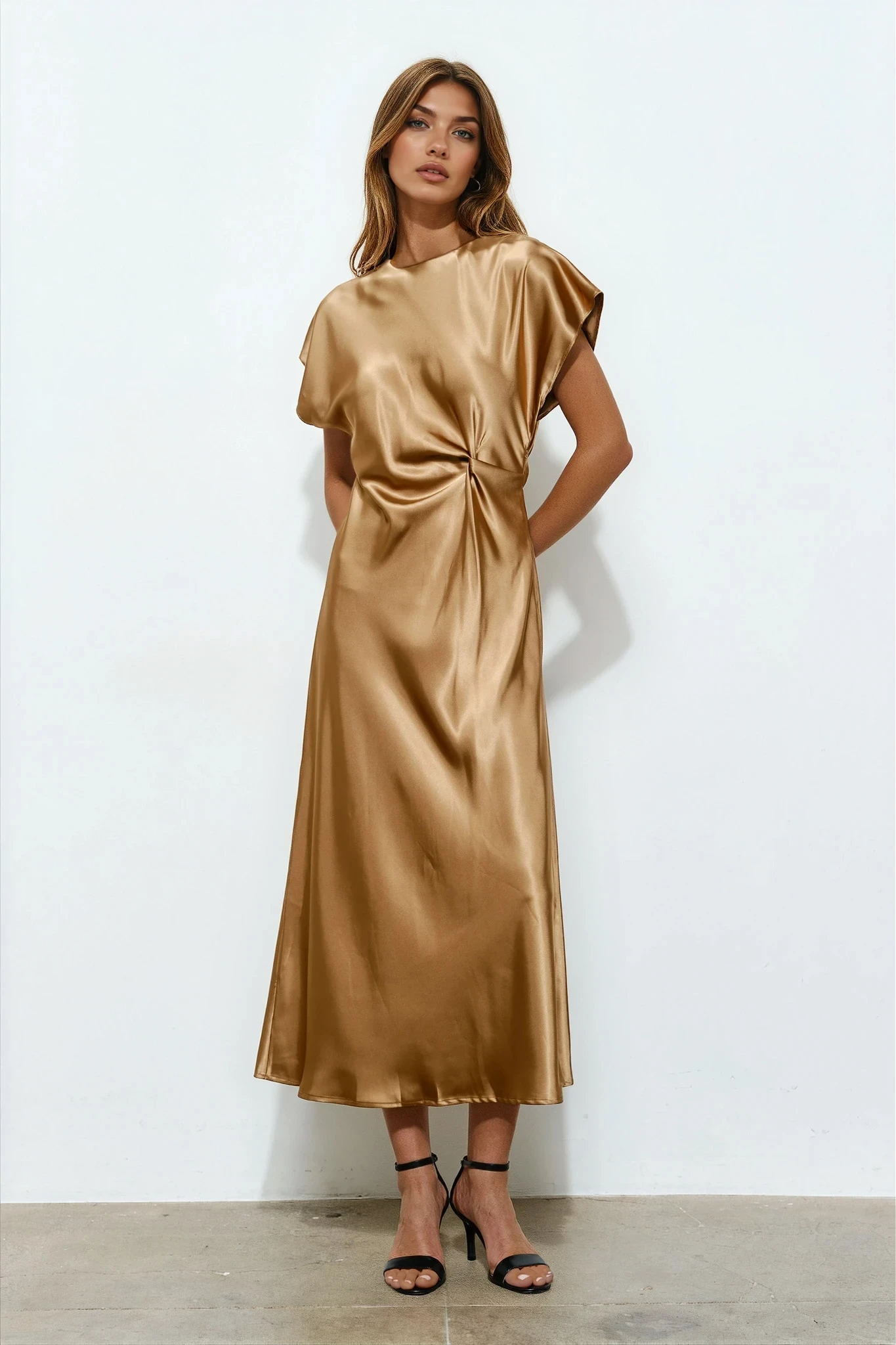 Draped Satin Midi Dress