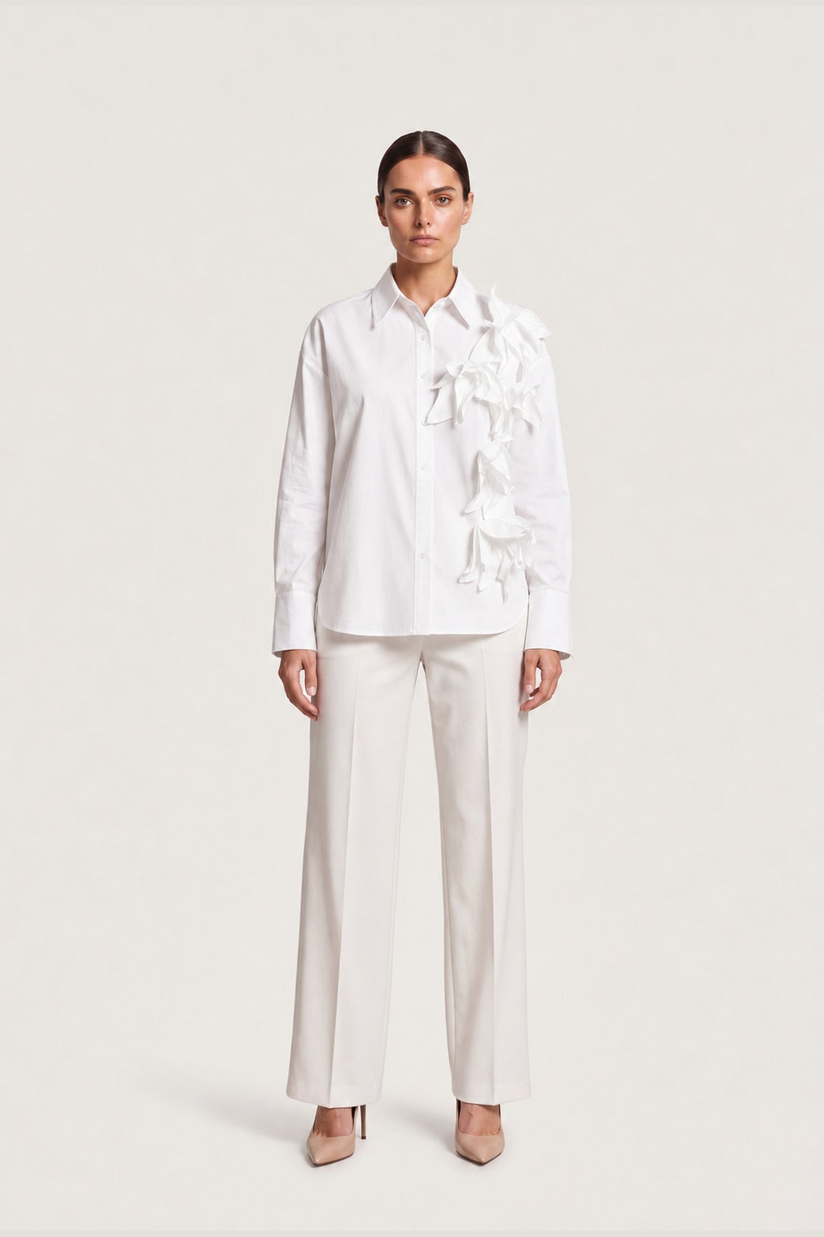 Ribbon Floral Appliqué Shirt In White