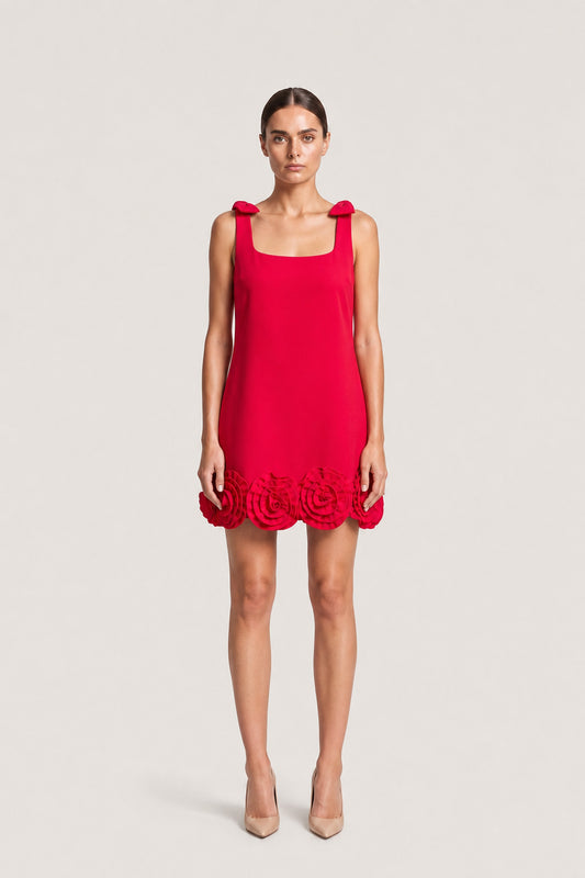Floral Appliqué Mini Dress In Scarlet