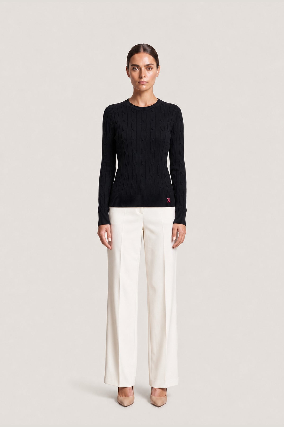Cable Knit Crewneck Sweater In Black