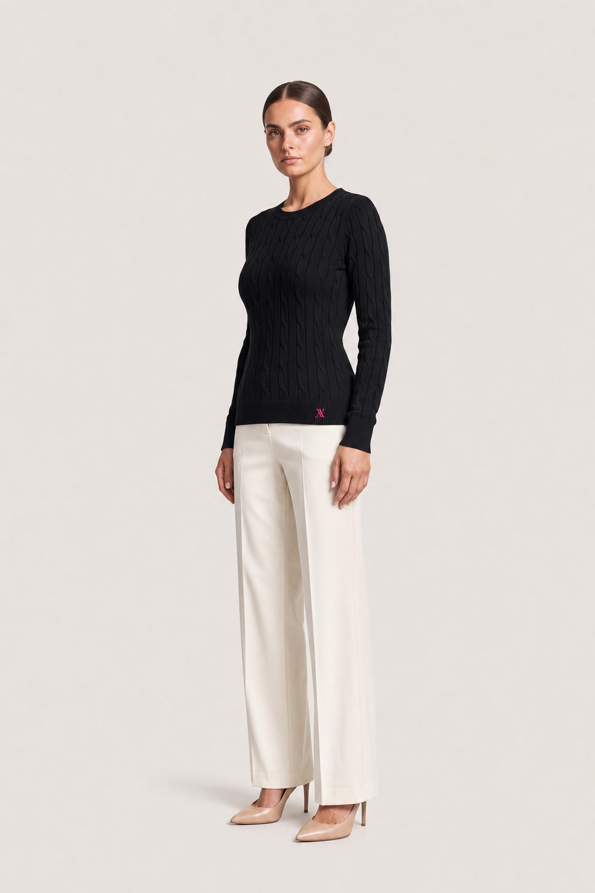 Cable Knit Crewneck Sweater In Black