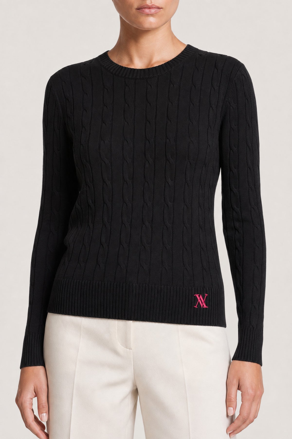 Cable Knit Crewneck Sweater In Black