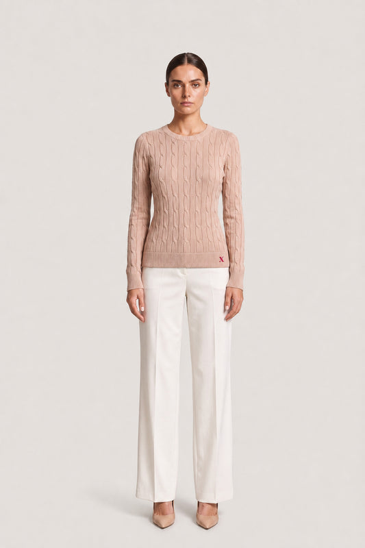 Cable Knit Crewneck Sweater In Blush