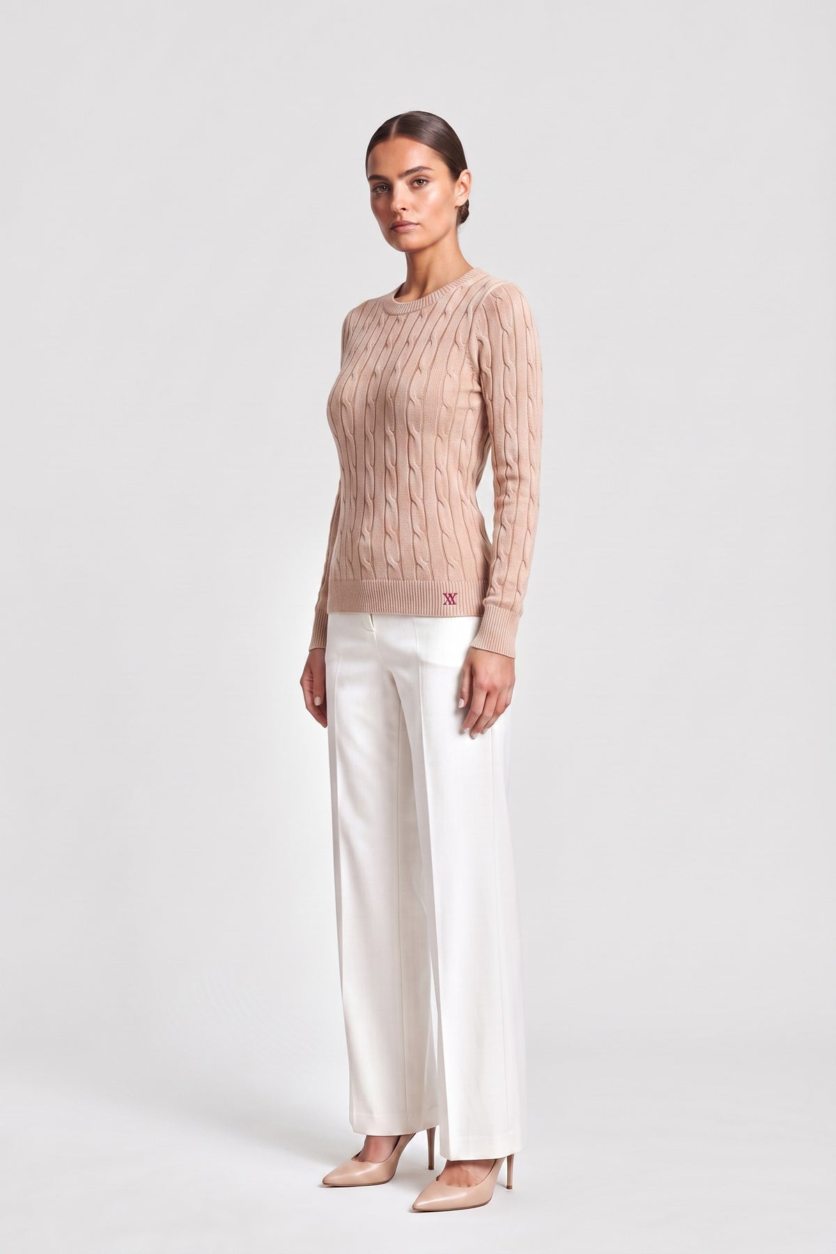 Cable Knit Crewneck Sweater In Blush