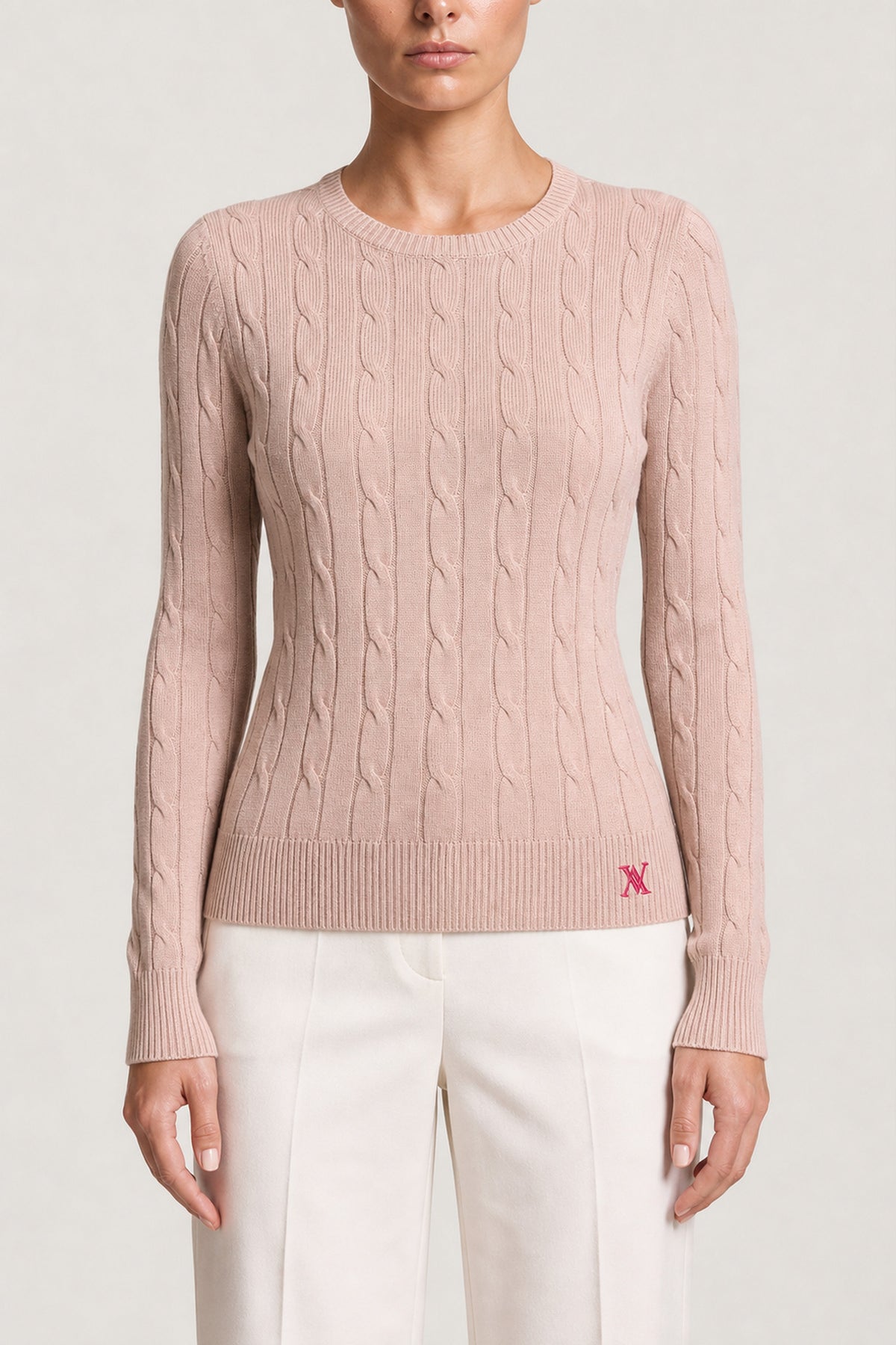 Cable Knit Crewneck Sweater In Blush