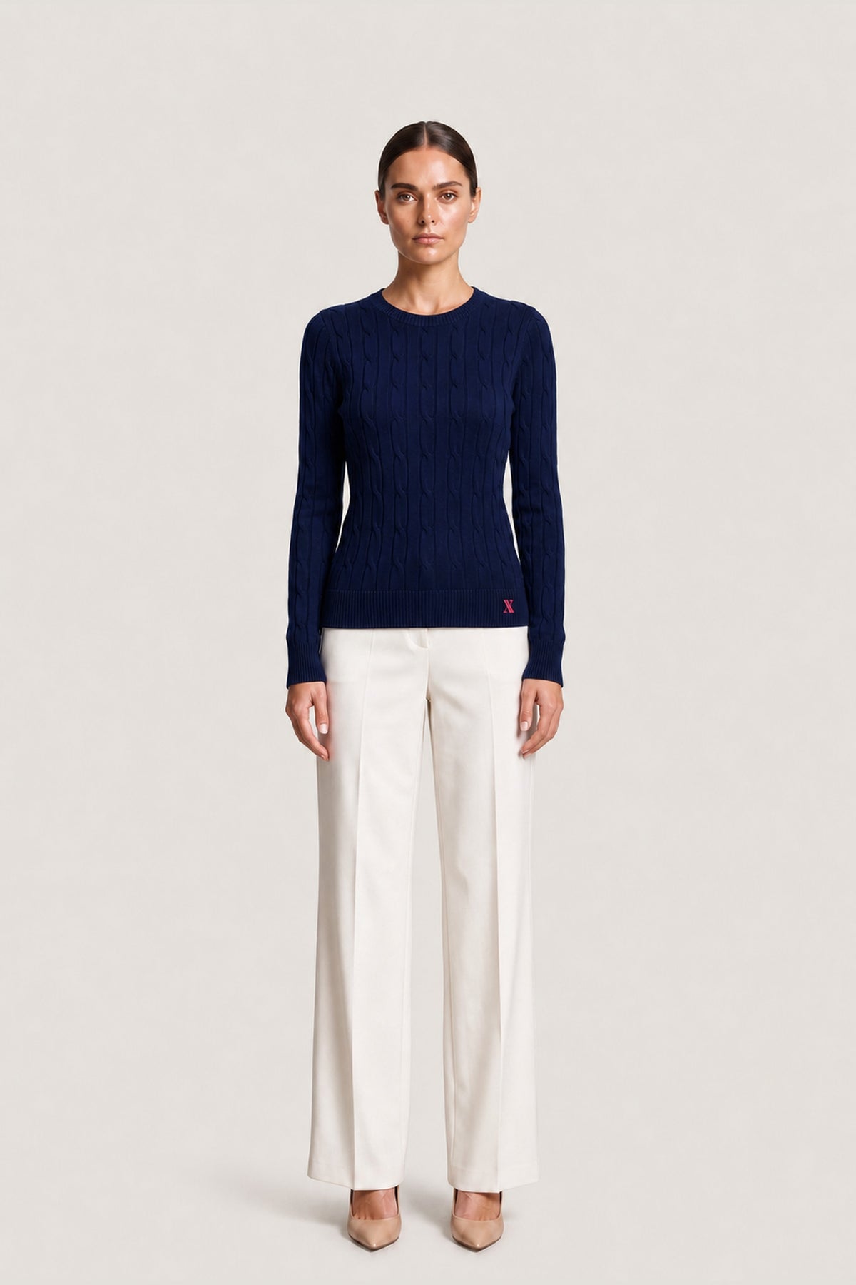 Cable Knit Crewneck Sweater In Navy