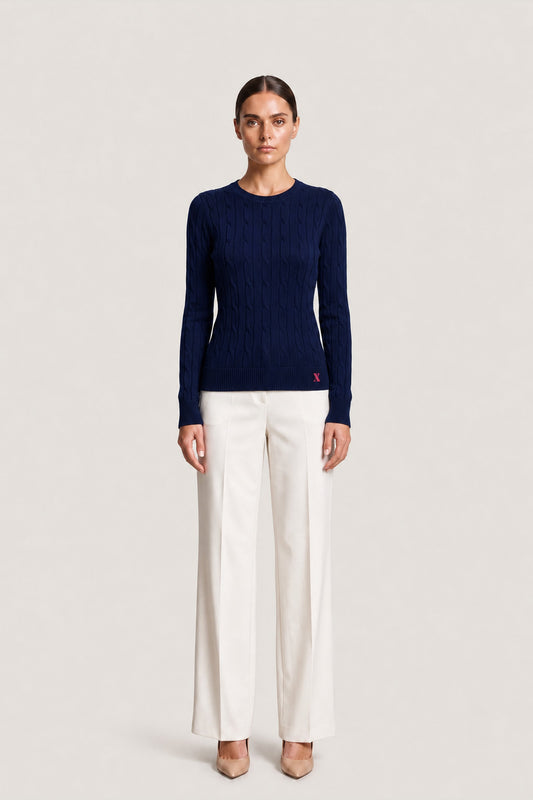 Cable Knit Crewneck Sweater In Navy