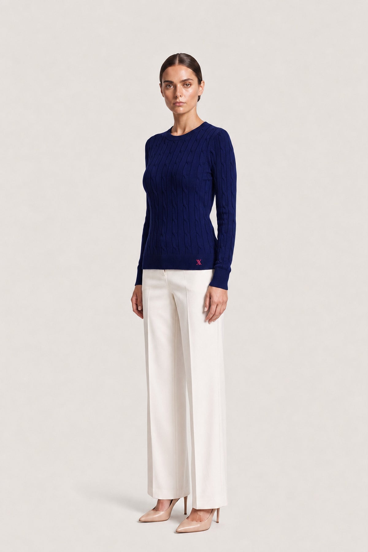 Cable Knit Crewneck Sweater In Navy