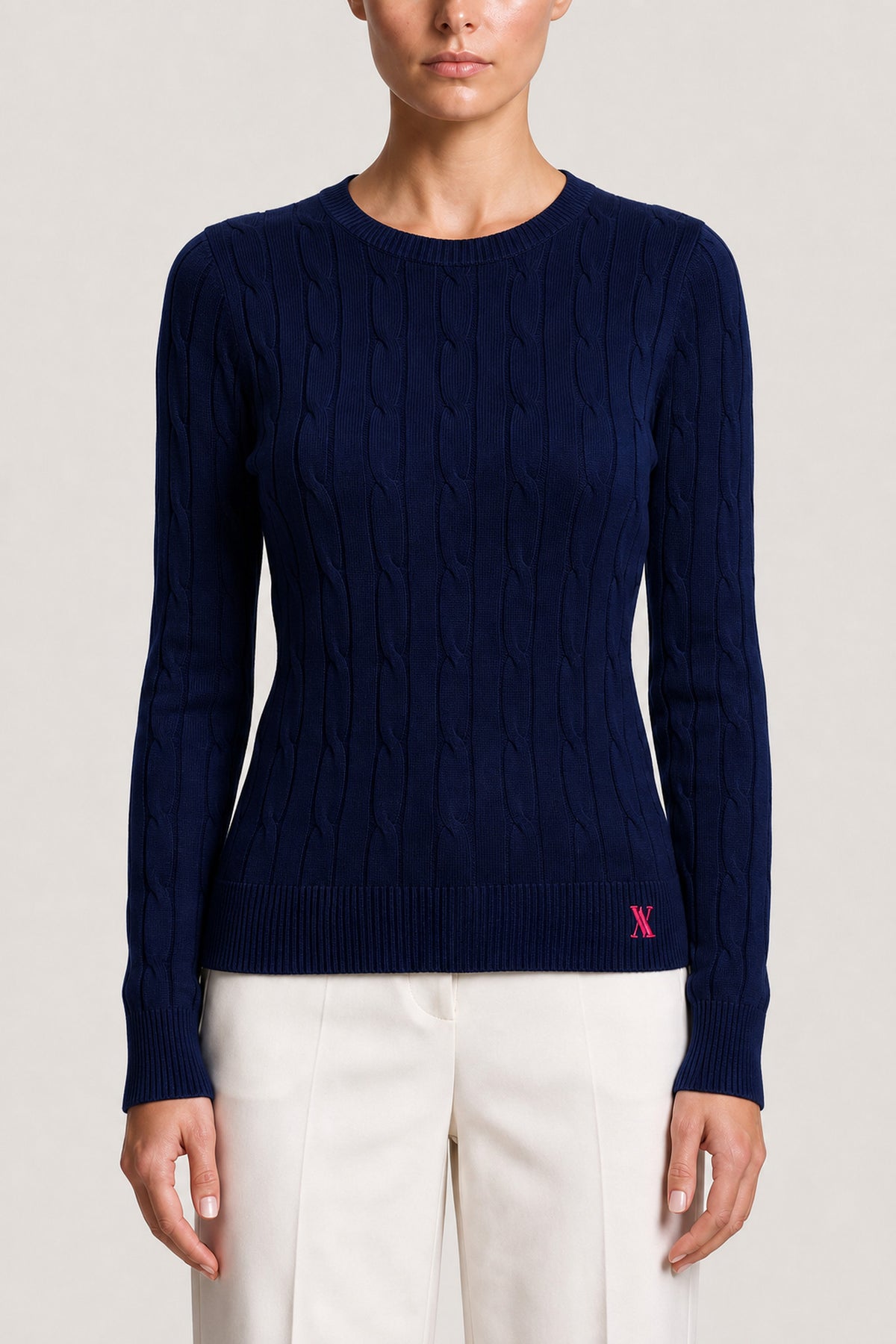 Cable Knit Crewneck Sweater In Navy