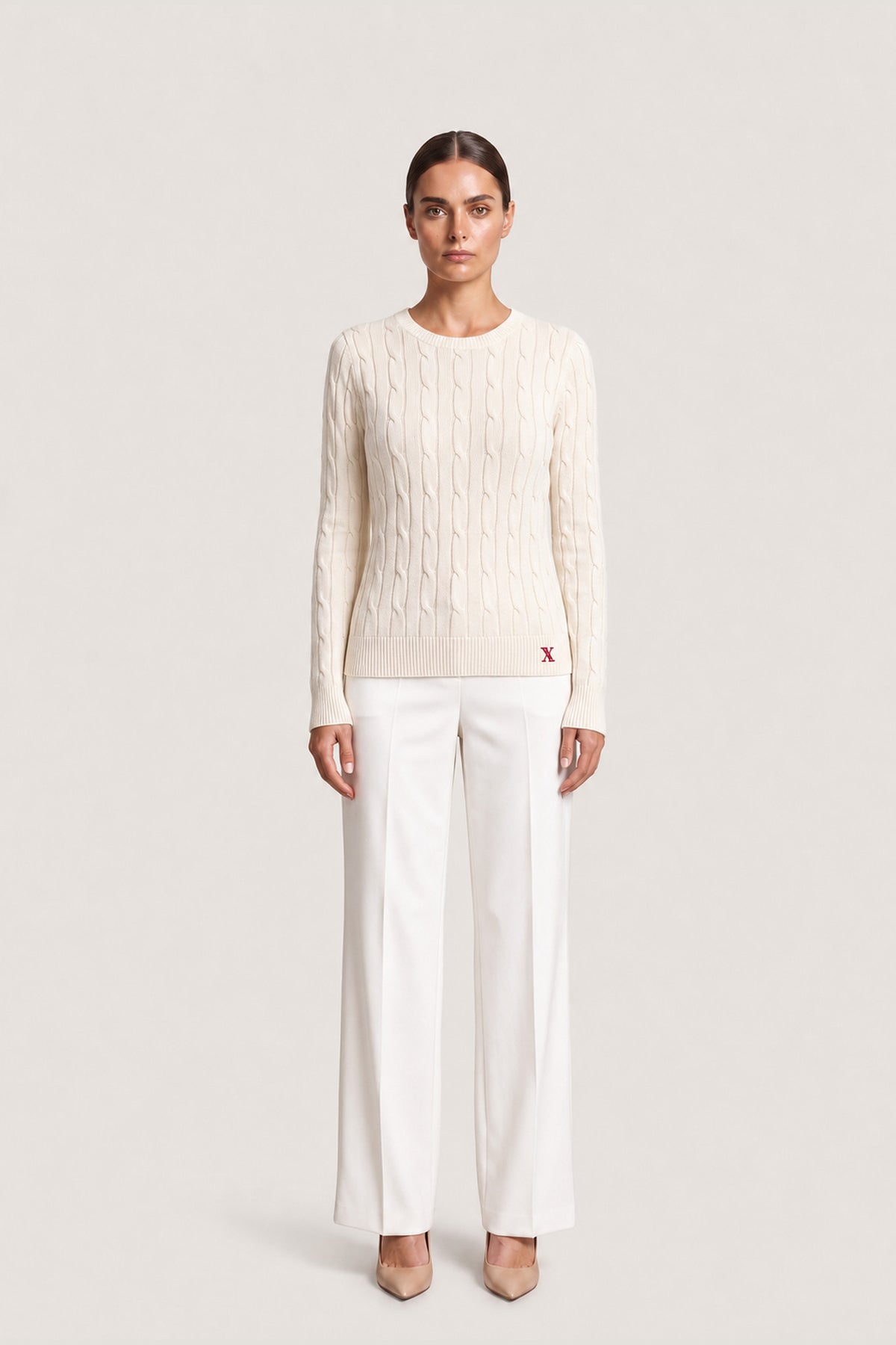 Cable Knit Crewneck Sweater In Ivory