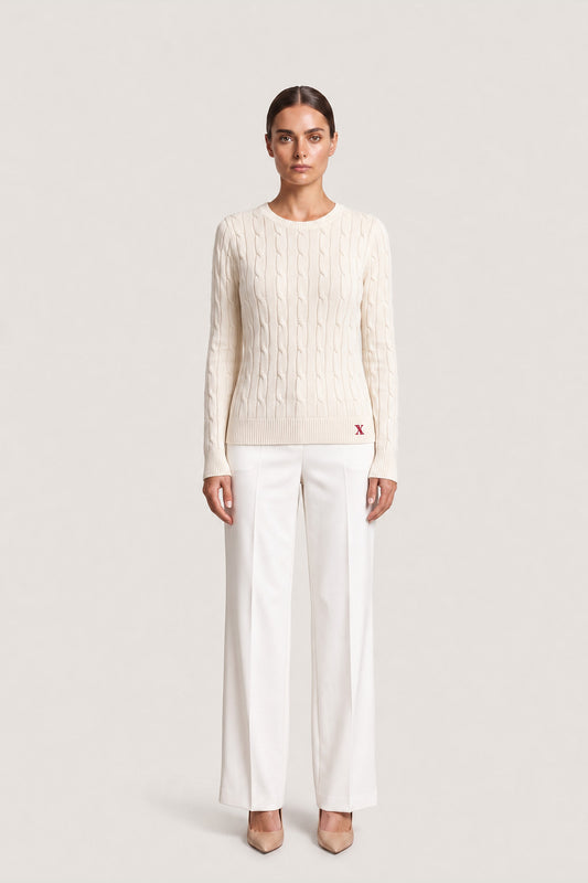 Cable Knit Crewneck Sweater In Ivory