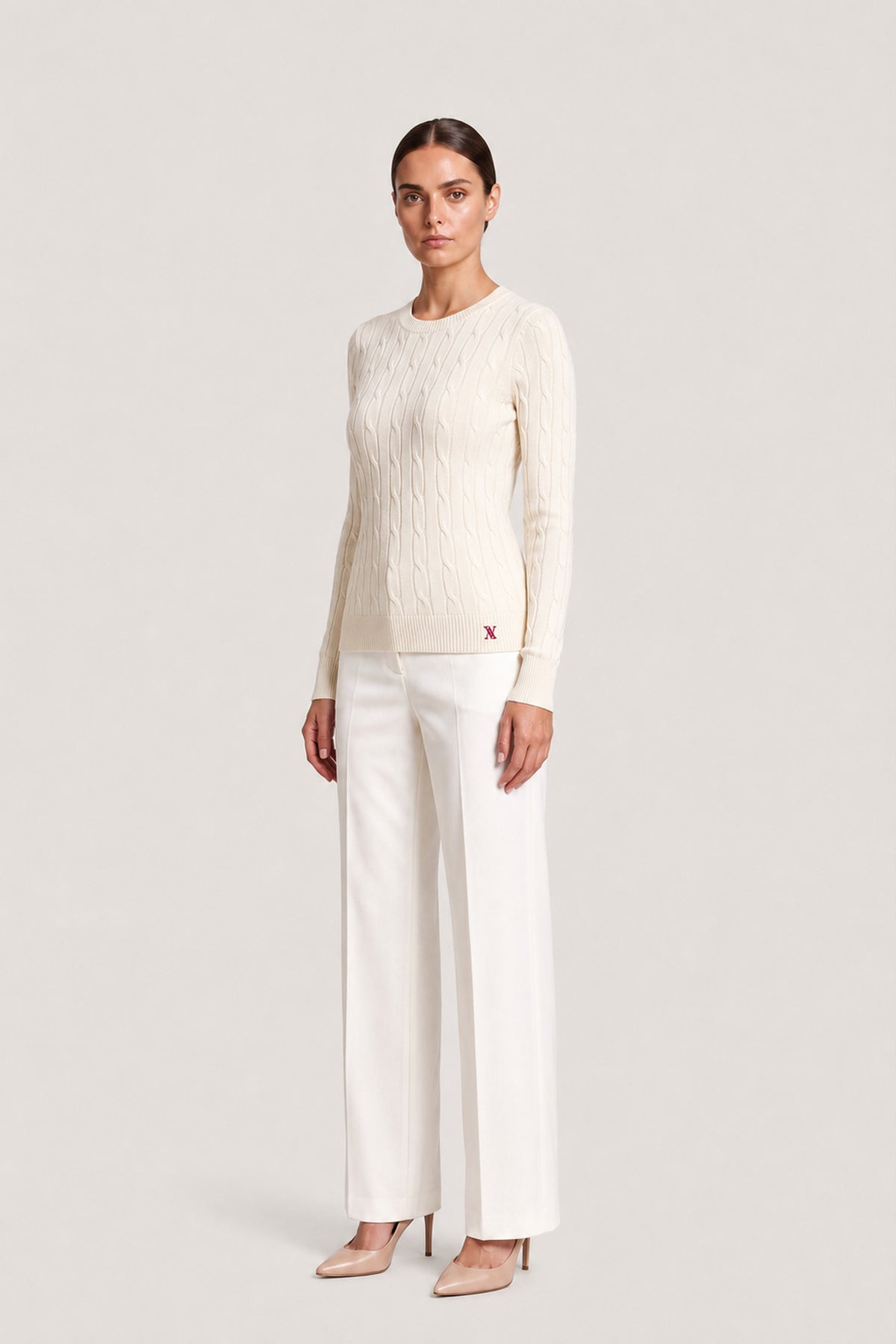 Cable Knit Crewneck Sweater In Ivory