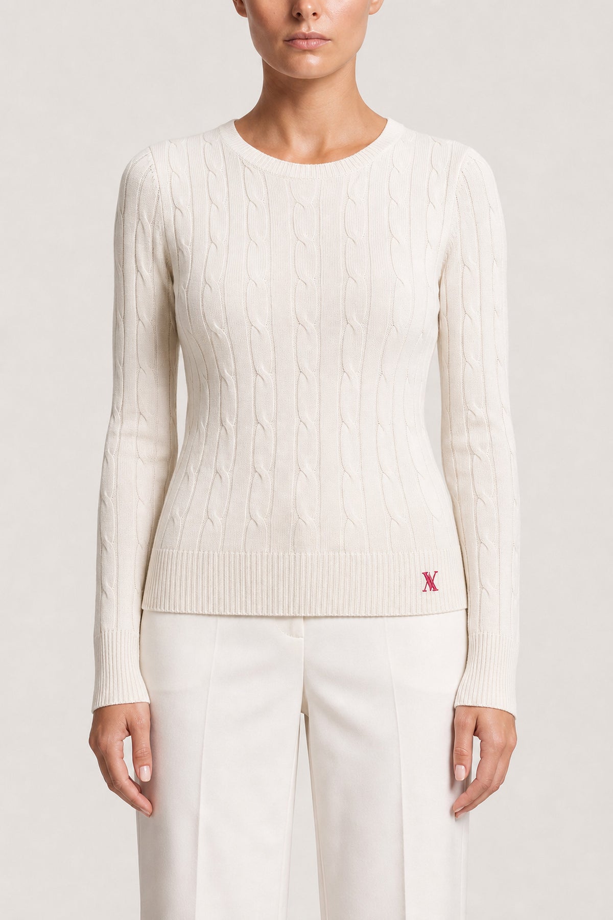Cable Knit Crewneck Sweater In Ivory