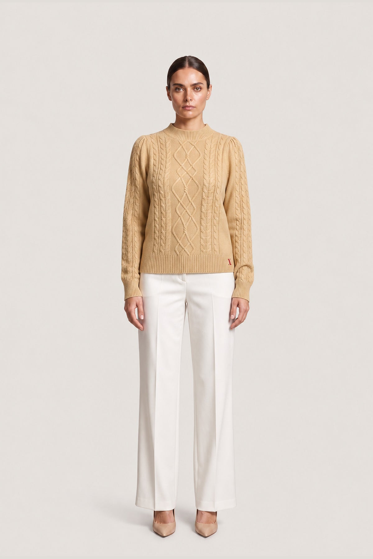 Cable Knit Mock Neck Sweater In Camel
