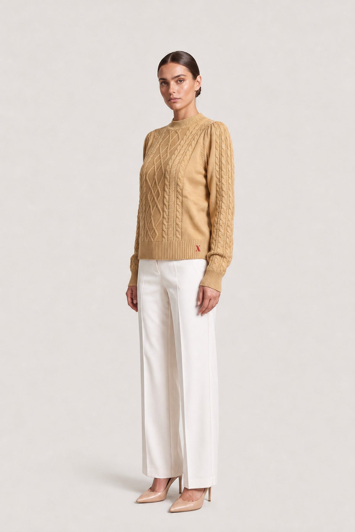 Cable Knit Mock Neck Sweater In Camel