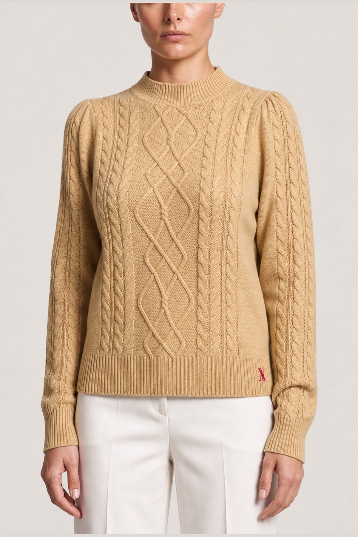 Cable Knit Mock Neck Sweater In Camel
