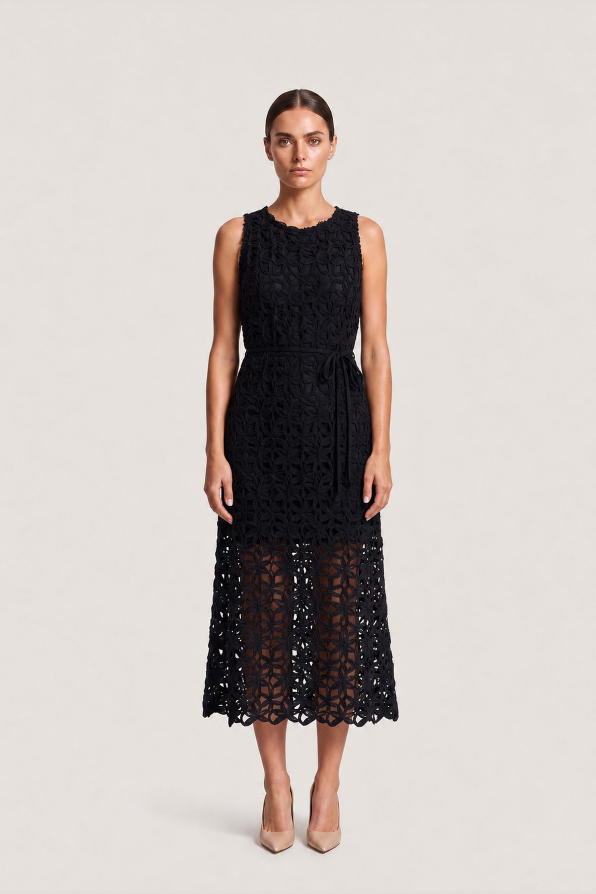 Crochet Lace Overlay Midi Dress In Black