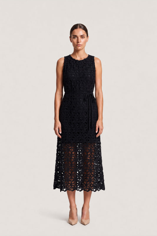 Crochet Lace Overlay Midi Dress In Black