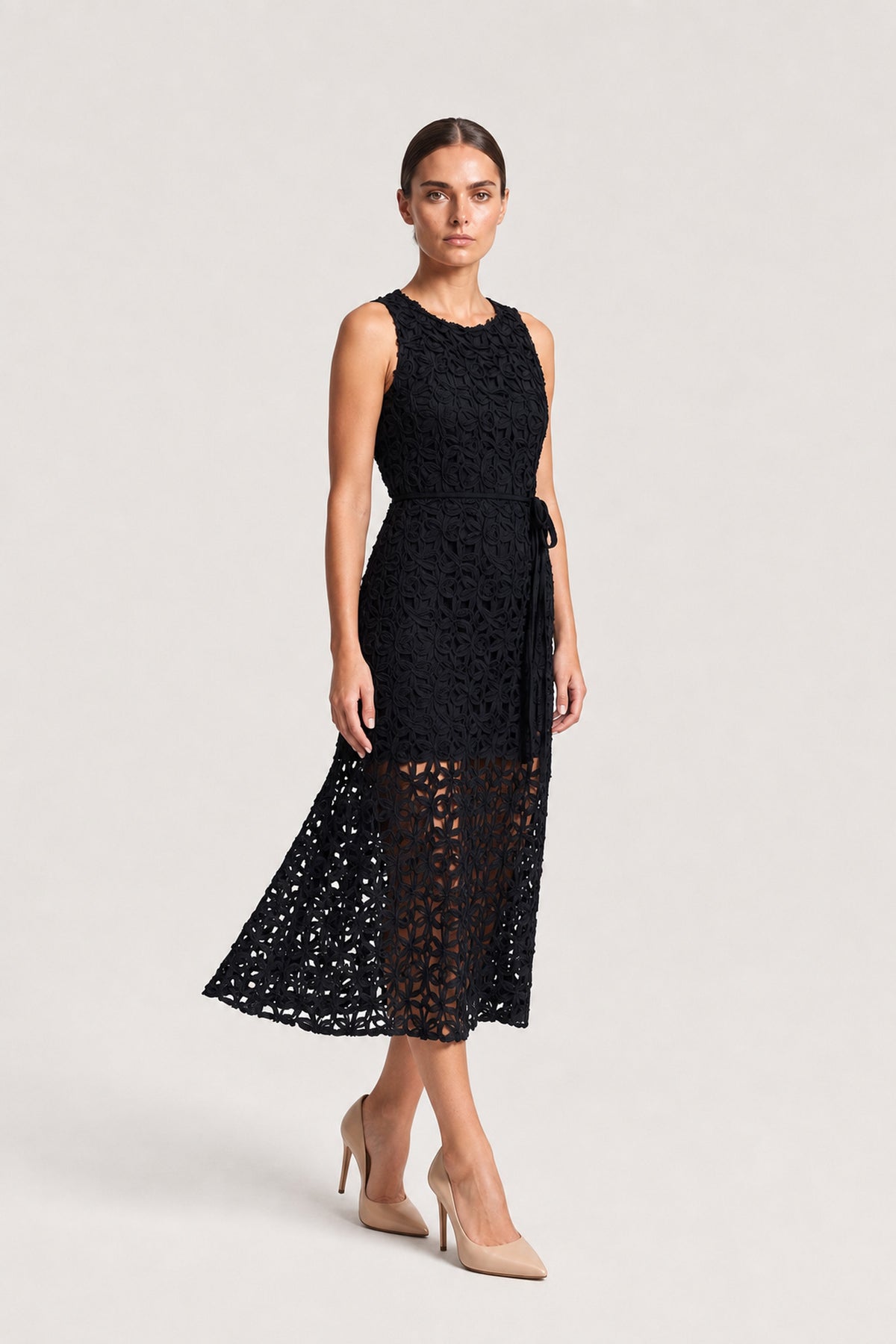 Crochet Lace Overlay Midi Dress In Black