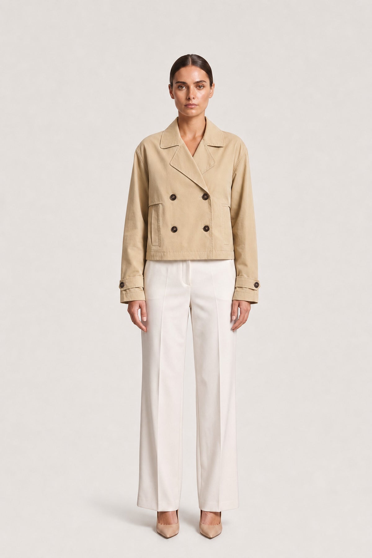 Double Breasted Cropped Trench In Sand