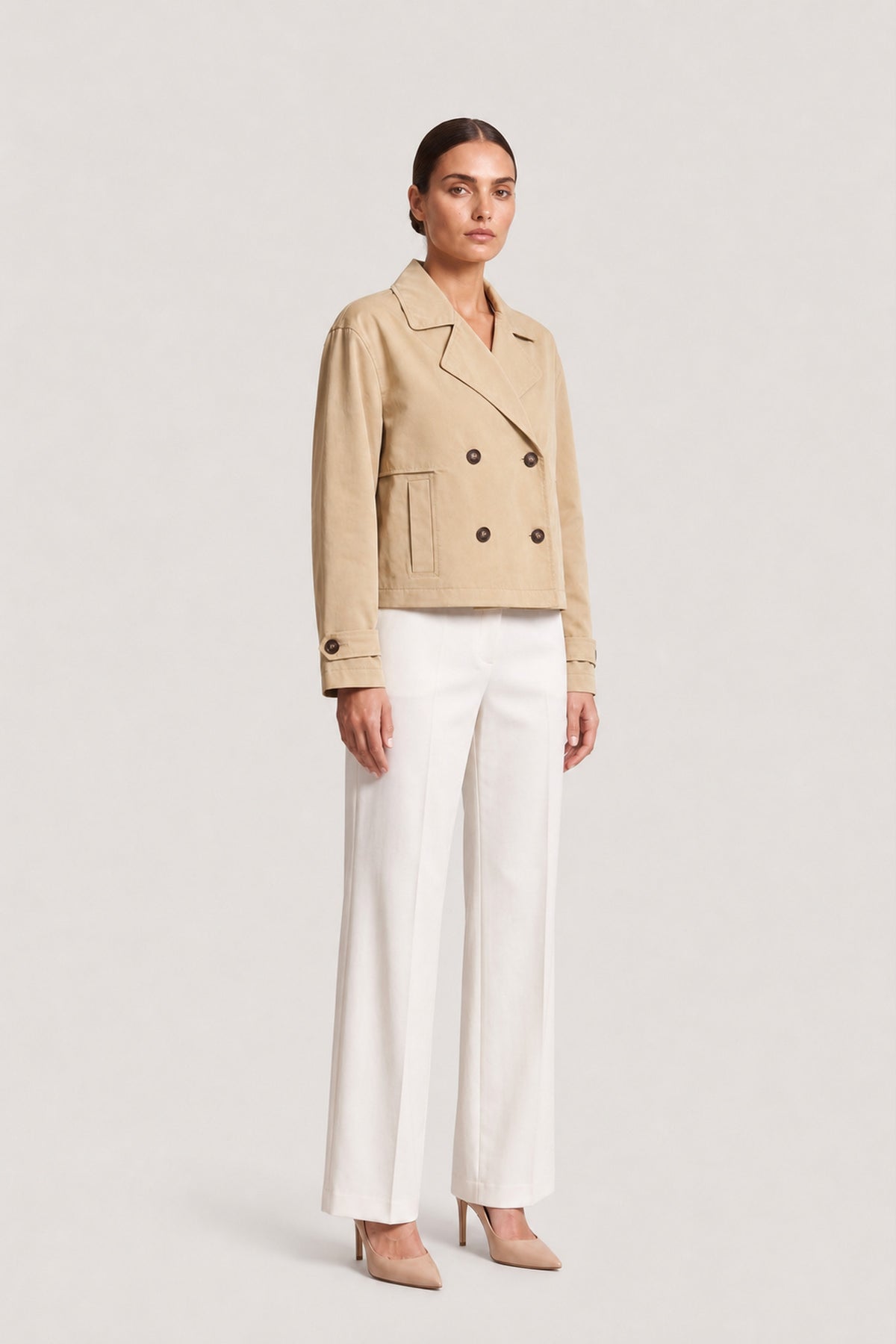 Double Breasted Cropped Trench In Sand