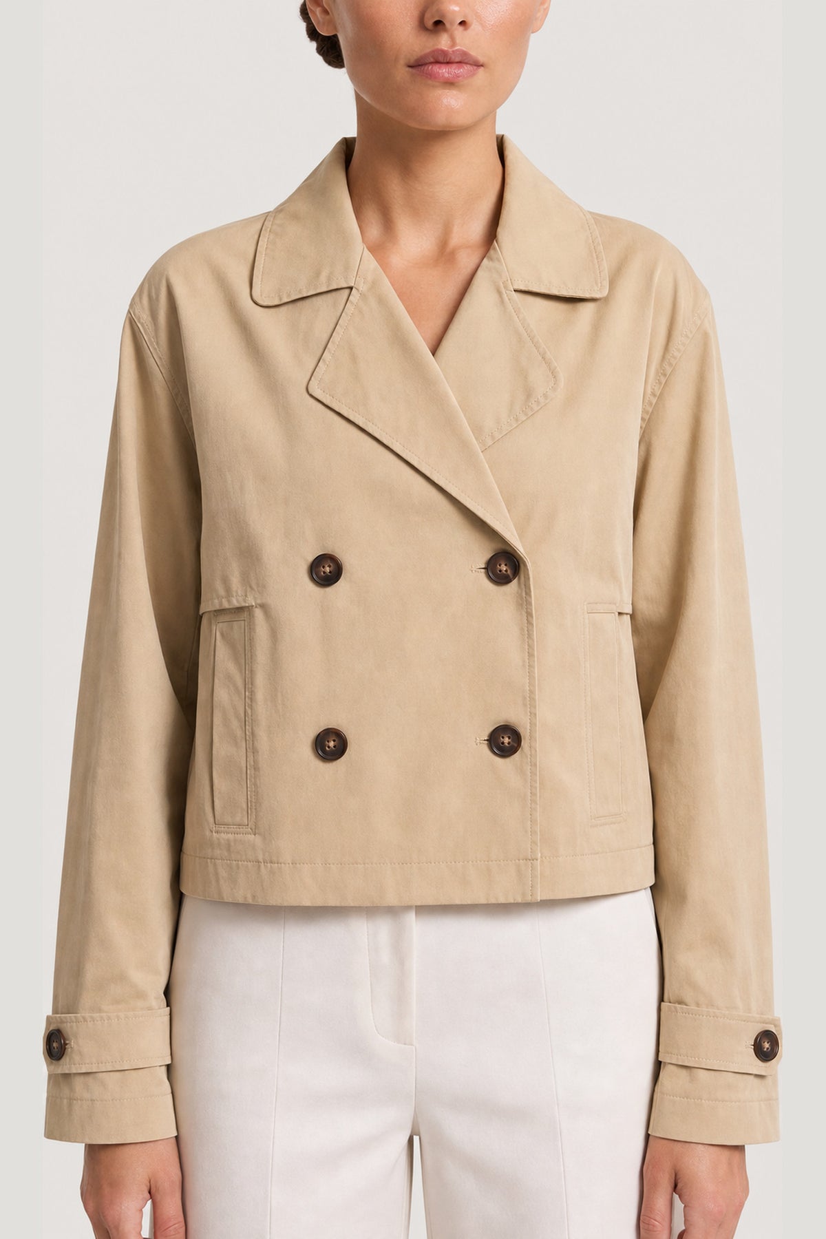 Double Breasted Cropped Trench In Sand