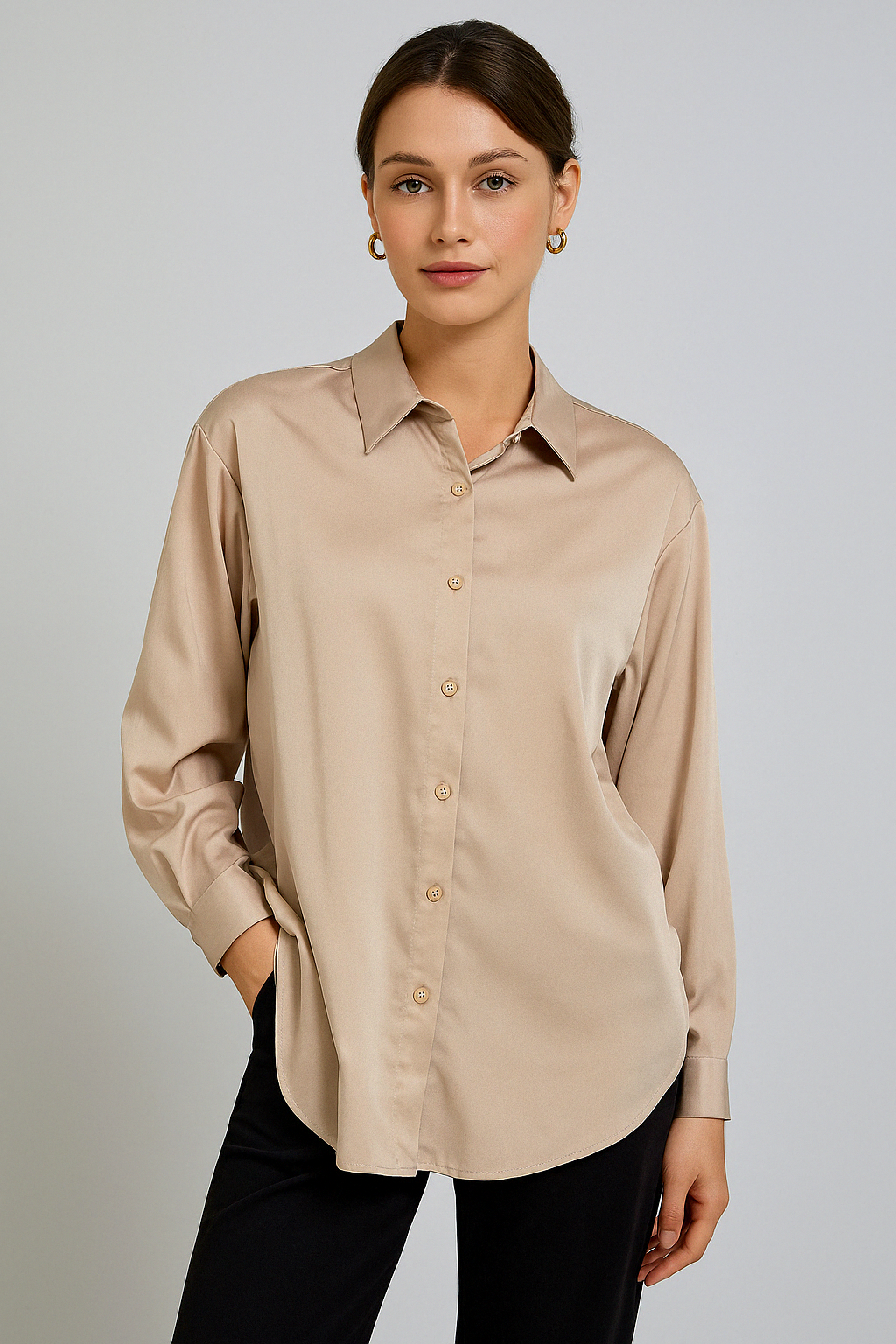 SATIN CHARMEUSE BUTTON FRONT SHIRT