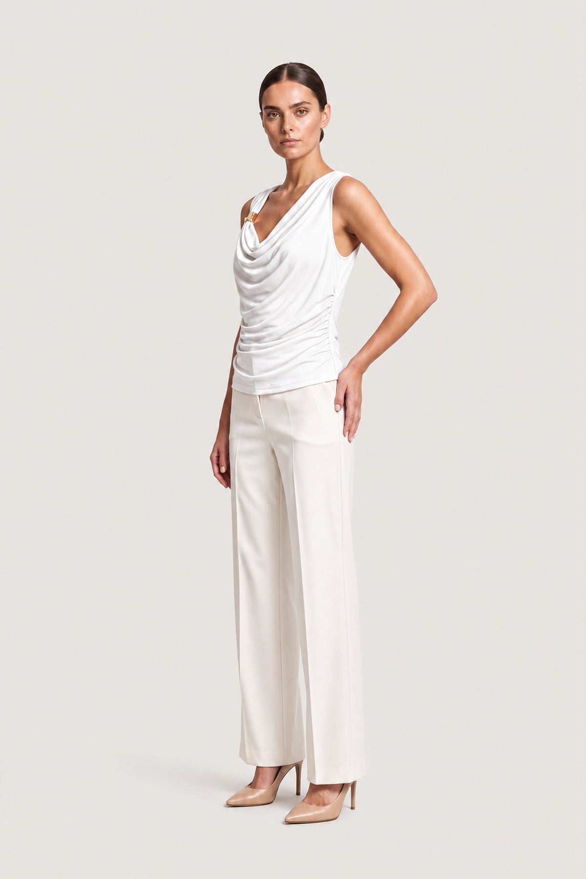 Draped Cowl Neck Top In Ivory