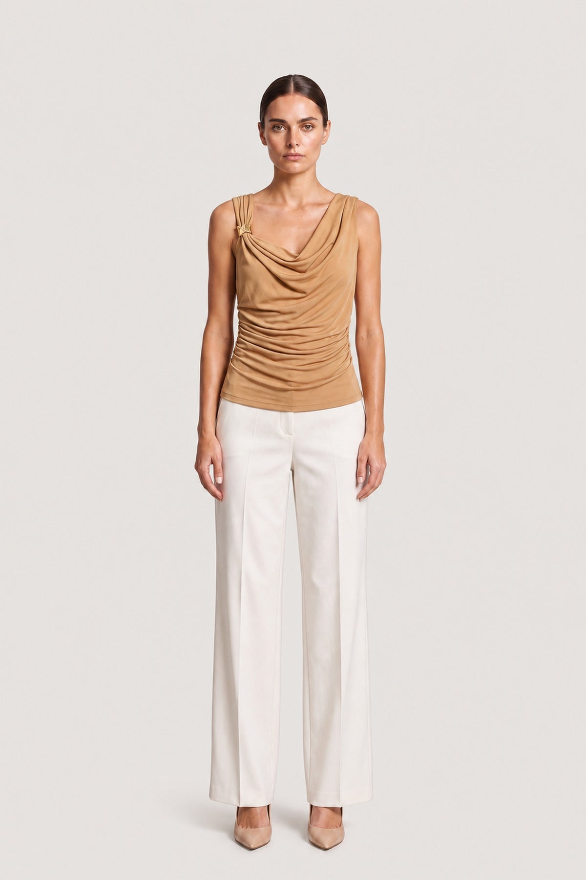 Draped Cowl Neck Top In Camel