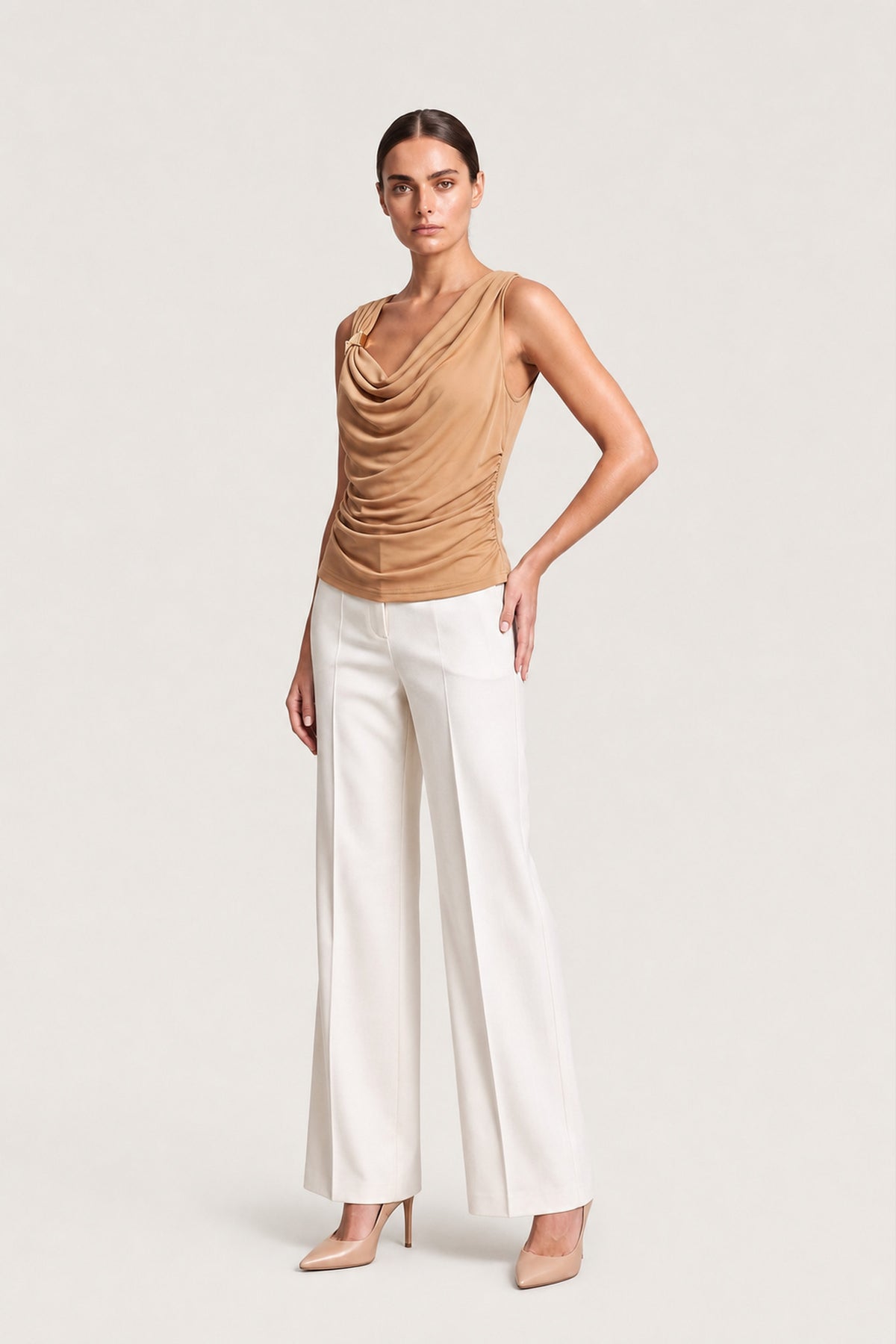 Draped Cowl Neck Top In Camel