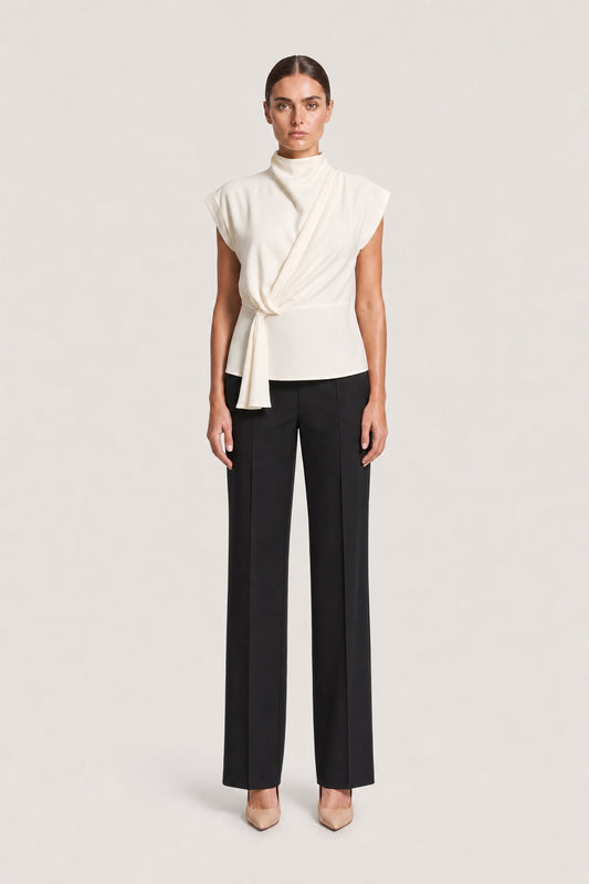 Draped High Neck Tie Blouse In Ivory