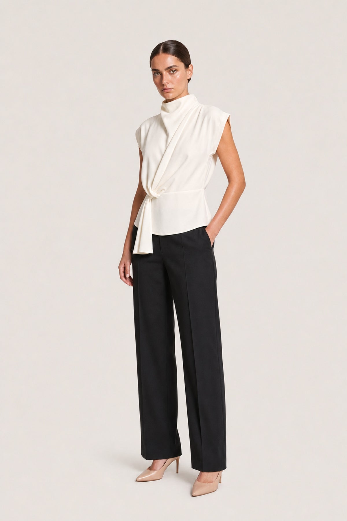 Draped High Neck Tie Blouse In Ivory