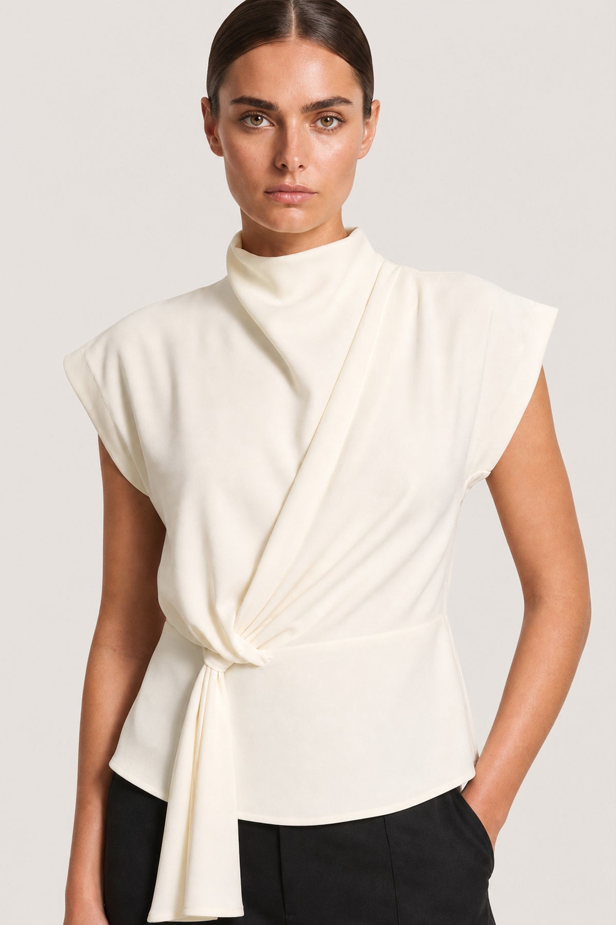 Draped High Neck Tie Blouse In Ivory