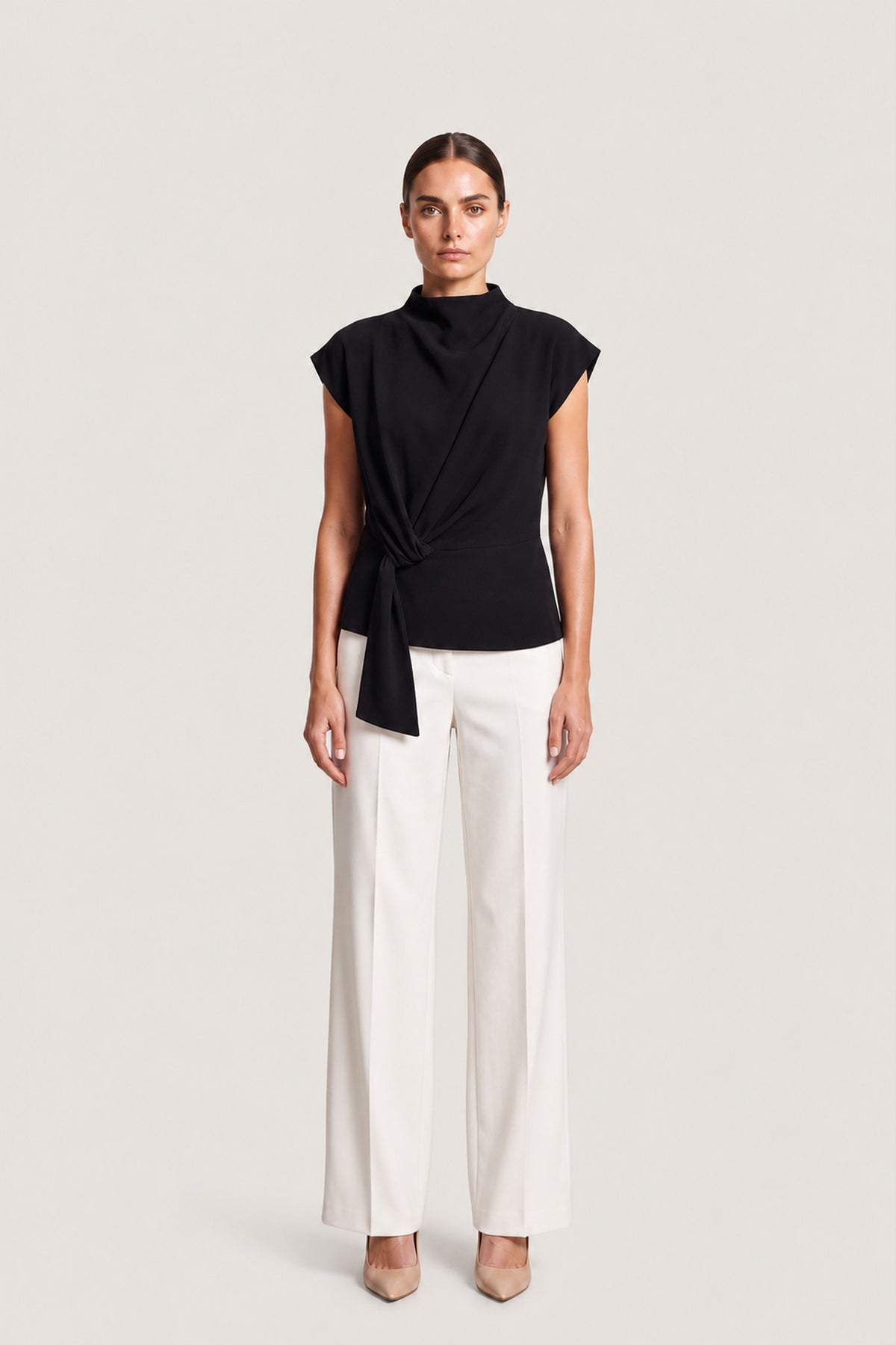 Draped High Neck Top In Black