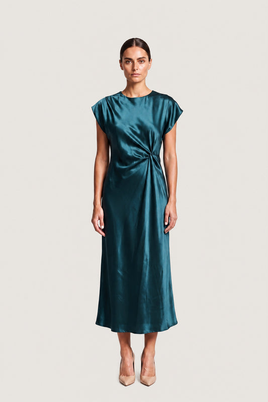 Knot Detail Satin Midi Dress In Teal