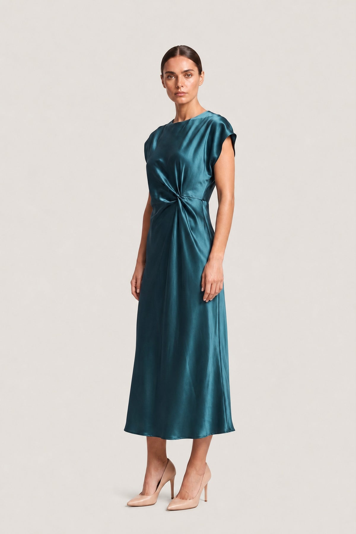 Knot Detail Satin Midi Dress In Teal