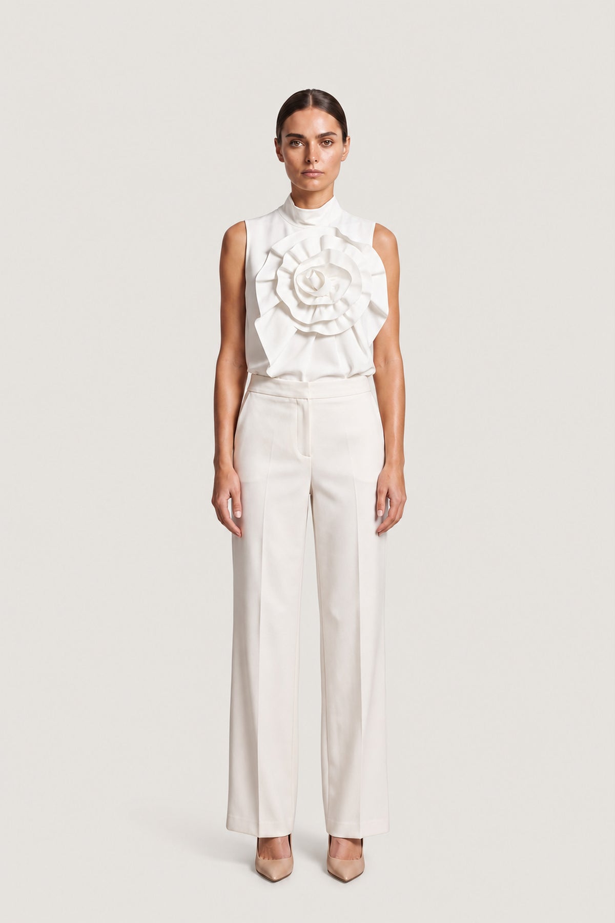 Floral Appliqué High Neck Top In White