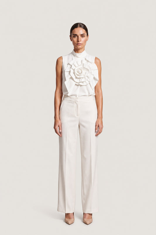 Floral Appliqué High Neck Top In White