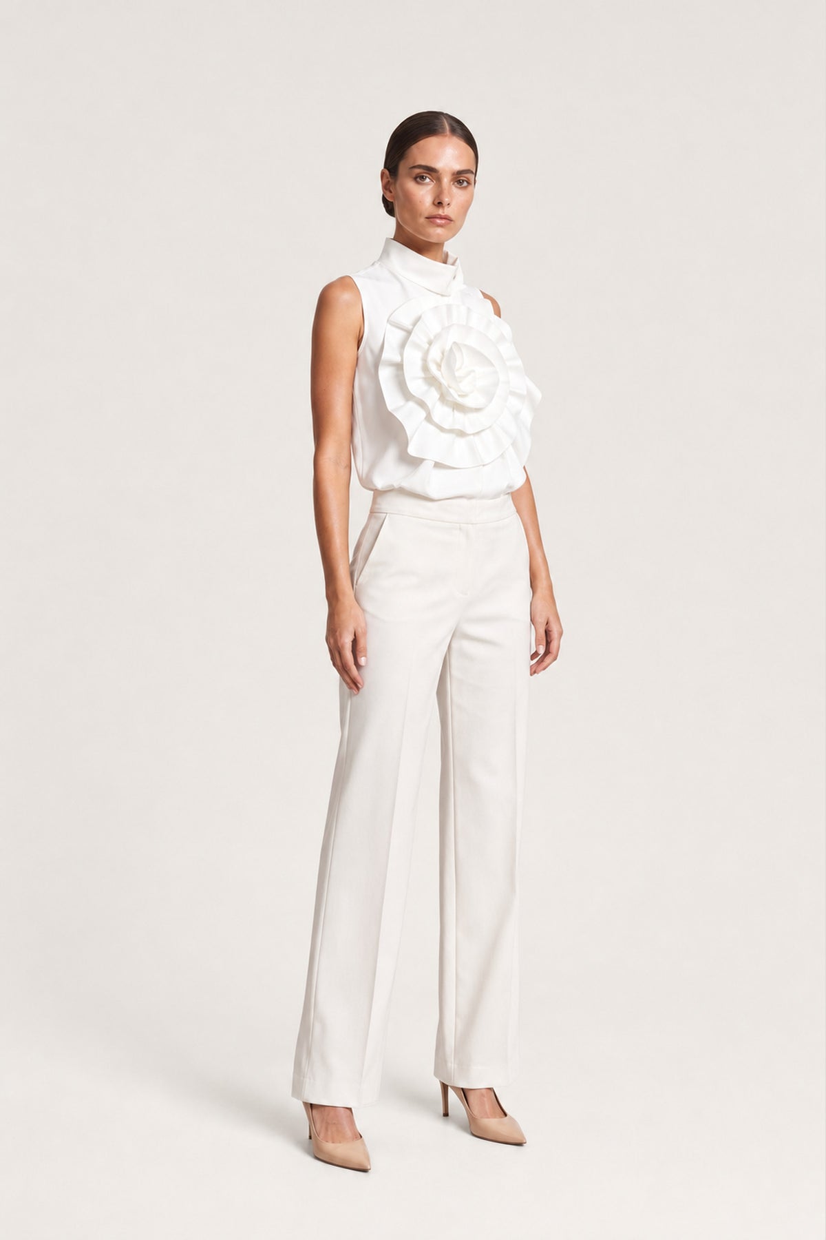 Floral Appliqué High Neck Top In White