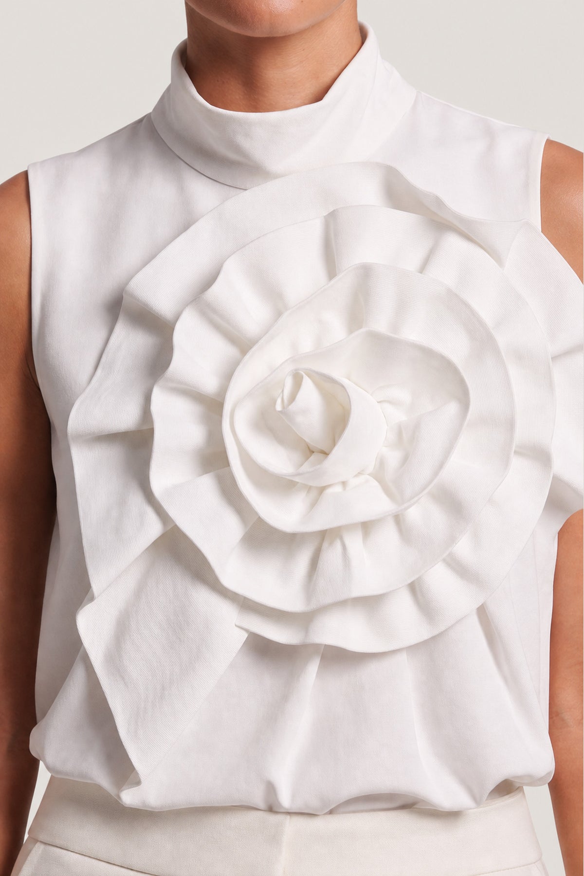 Floral Appliqué High Neck Top In White
