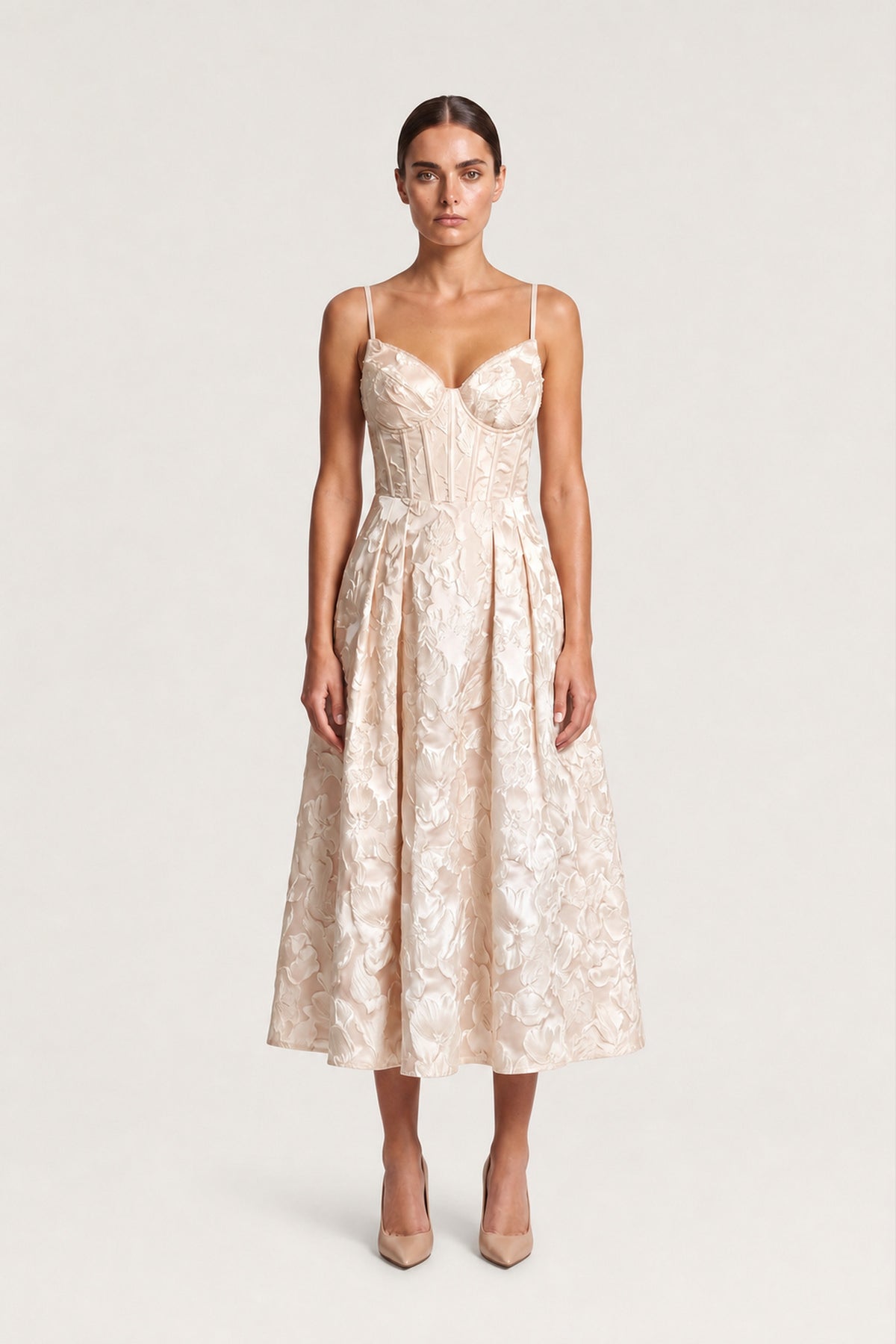 Floral Jacquard Bustier Midi Dress In Champagne