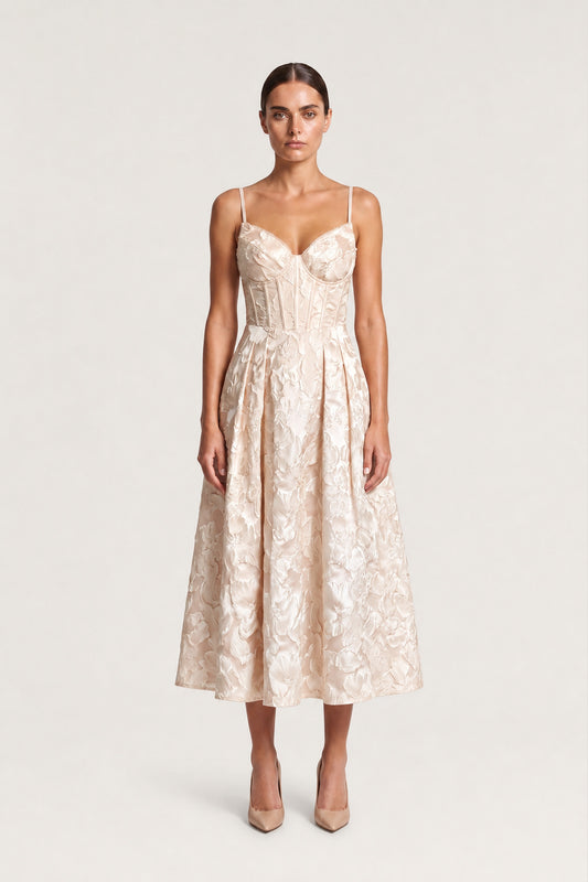 Floral Jacquard Bustier Midi Dress In Champagne