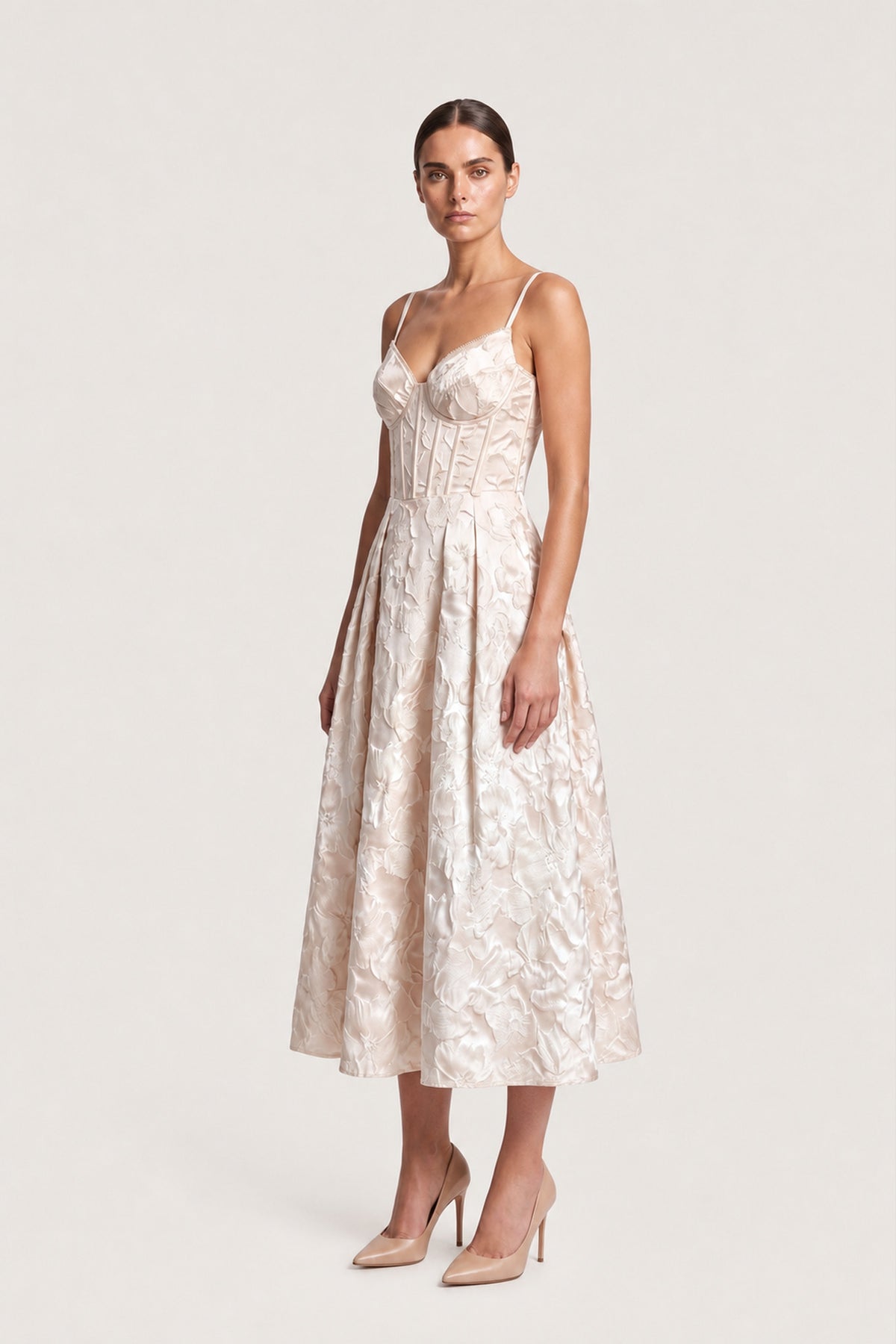 Floral Jacquard Bustier Midi Dress In Champagne