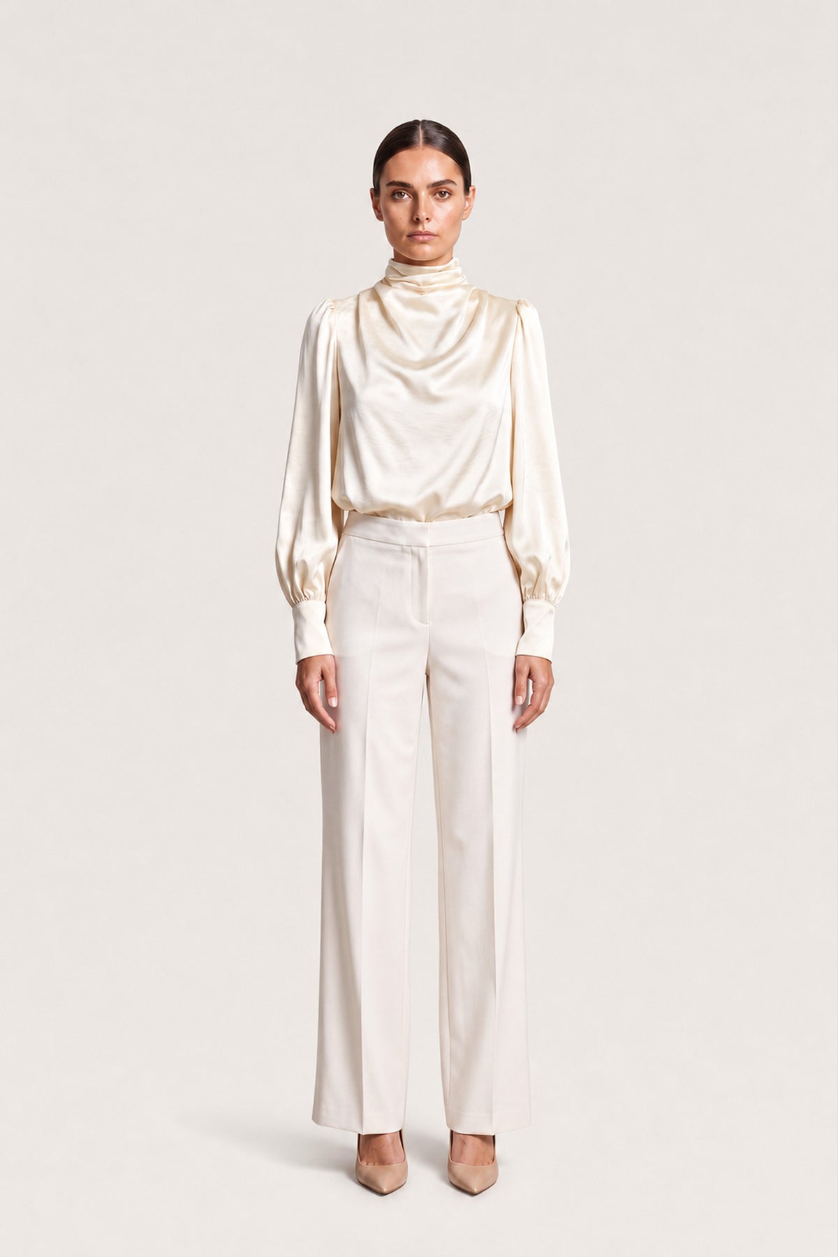 High Neck Draped Satin Blouse In Ivory