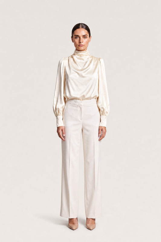 High Neck Draped Satin Blouse In Ivory