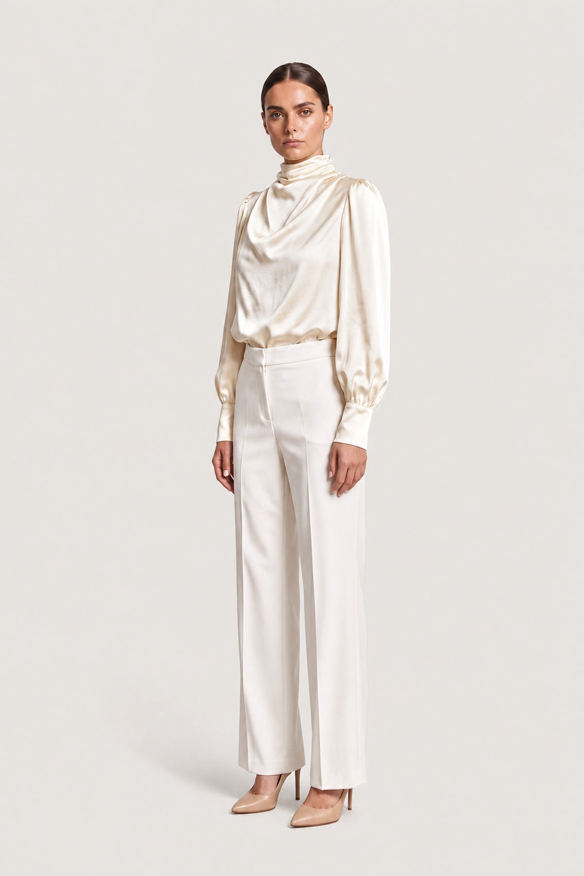 High Neck Draped Satin Blouse In Ivory
